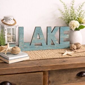 Distressed 'LAKE' Wood Sign - Coastal Blue